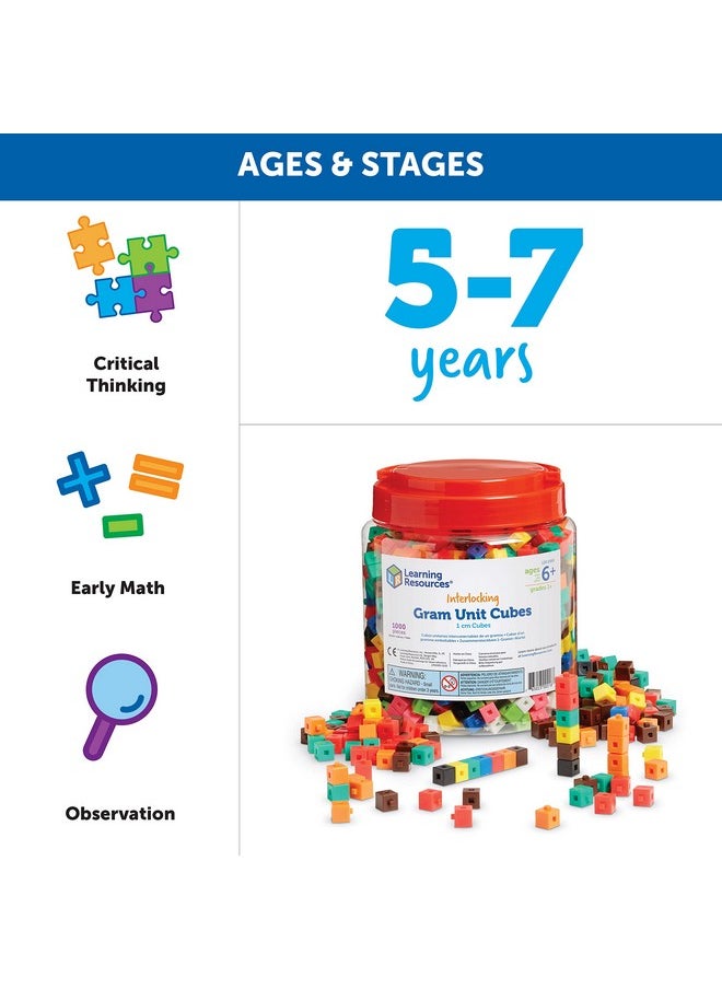 Learning Resources Interlocking Gram Unit Cubes, Math Classroom Teaching Aids, 10 Assorted Colors, Set of 1, 000, Ages 6+