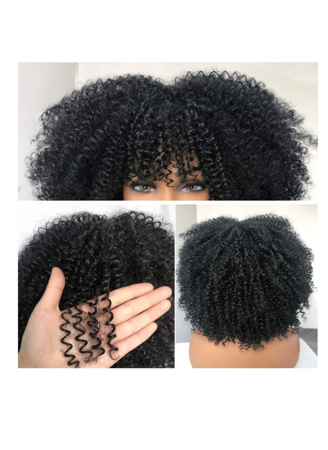 Short Curly Afro Wigs with Bangs for Black Women 14 Inch Kinky Curly Wig Synthetic Fiber Heat Resistant Full Wig Black