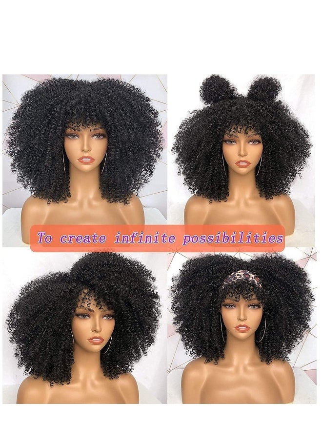 Short Curly Afro Wigs with Bangs for Black Women 14 Inch Kinky Curly Wig Synthetic Fiber Heat Resistant Full Wig Black