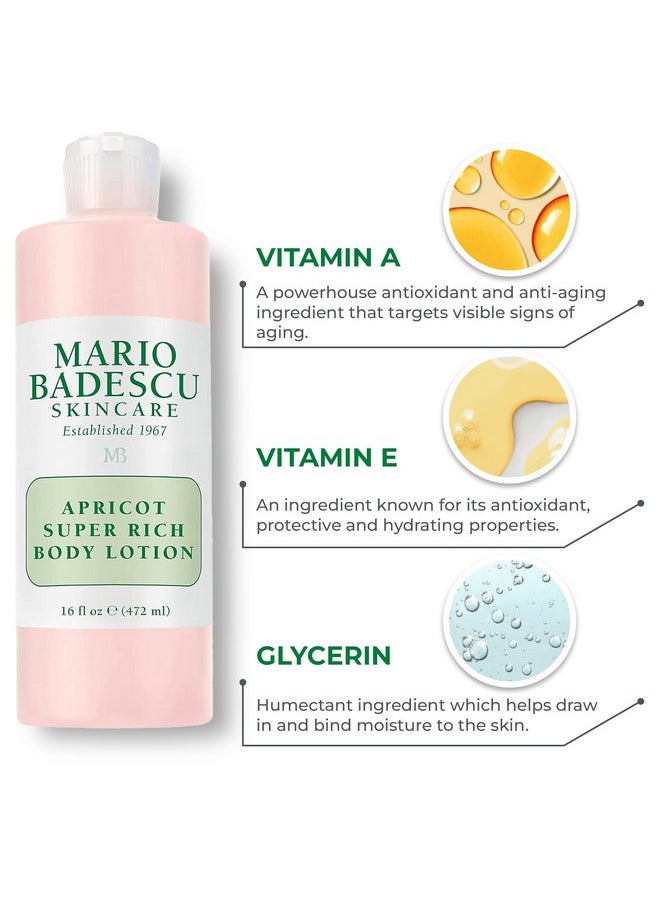 Mario Badescu Apricot Super Rich Body Lotion Enriched with Vitamins A and E - Delicately Scented Lotion with Nourishing, Skin-Softening Formula - Ideal for All Skin Types, 16 Fl Oz