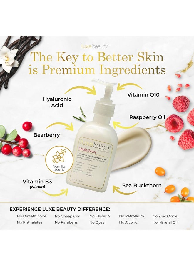 Luxe Beauty Non Greasy & Hyaluronic Acid Moisturizer for Face, Neck & Hands - Anti Aging Body Lotion & Non Toxic Body Lotion - Vanilla Body Lotion w/Silicone-Free, Organic & Plant-Based Ingredients