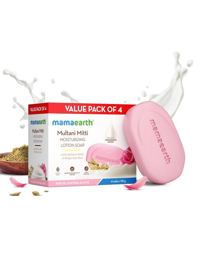 Mamaearth Multani Mitti Moisturizing Lotion Soap with Multani Mitti & Rose for Oil Control & Acne 125g (Pack of 4) | Benefits of Lotion in a Soap | Deeply Cleanses & Moisturizes | Grade 1 Acne Soap