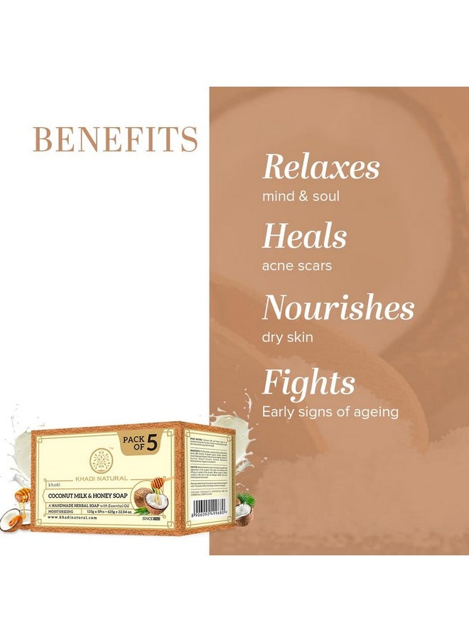 Khadi Natural Herbal Coconut Milk & Honey Soap |Herbal Bathing Soap for Glowing Skin| Long Lasting Hydration | Suitable for All Skin Types| (Pack of 5) (5x125 g) (625 g)