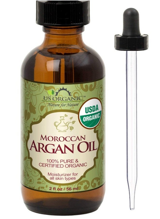 US Organic Moroccan Argan Oil, USDA Certified Organic,100% Pure & Natural, Cold Pressed Virgin, Unrefined, 2 Oz in Amber Glass Bottle, for Hair treatment, Skin, Nail, Cuticle, Sourced from Morocco.