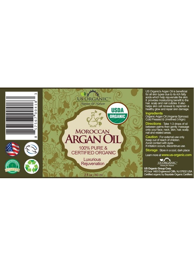 US Organic Moroccan Argan Oil, USDA Certified Organic,100% Pure & Natural, Cold Pressed Virgin, Unrefined, 2 Oz in Amber Glass Bottle, for Hair treatment, Skin, Nail, Cuticle, Sourced from Morocco.
