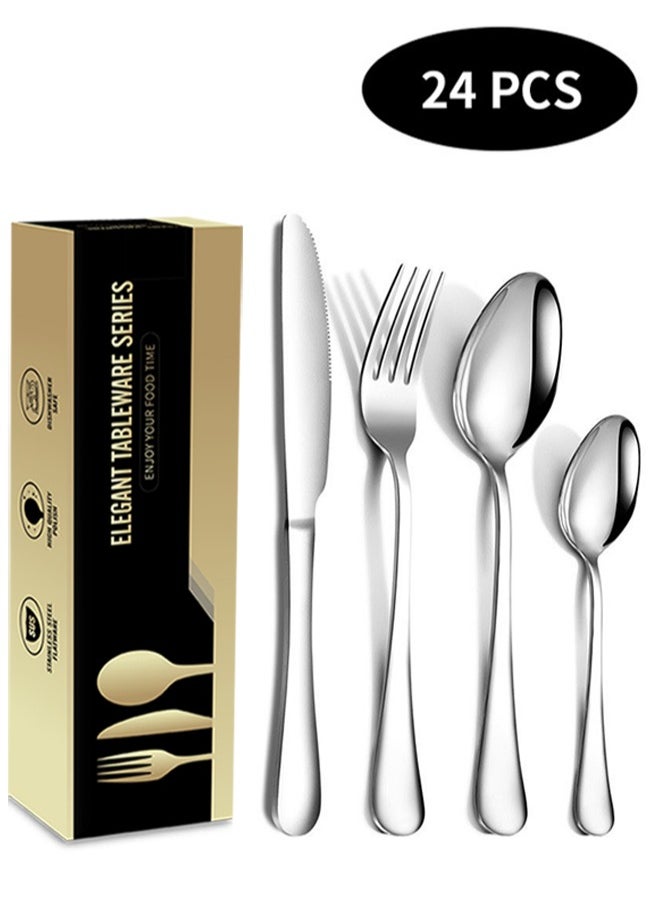 24 piece set of stainless steel tableware, complete set of silvery，knives, forks, spoons, durable kitchen utensils, dishwasher washable