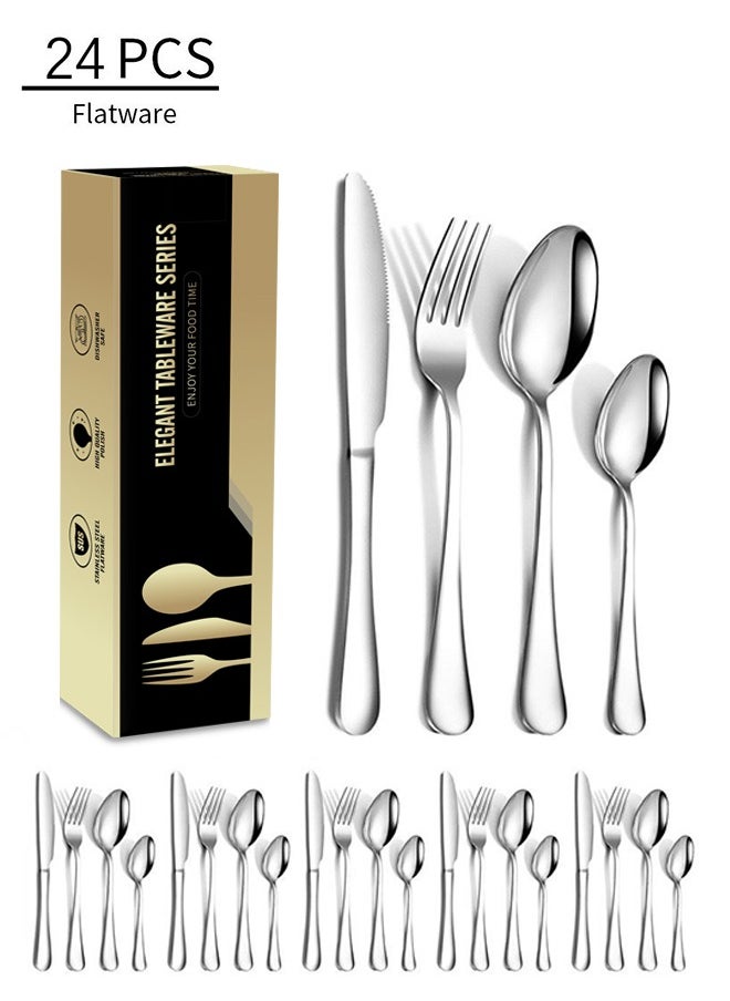 24 piece set of stainless steel tableware, complete set of silvery，knives, forks, spoons, durable kitchen utensils, dishwasher washable