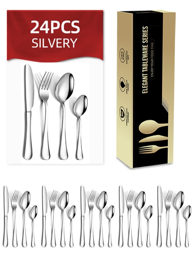 24 piece set of stainless steel tableware, complete set of silvery，knives, forks, spoons, durable kitchen utensils, dishwasher washable