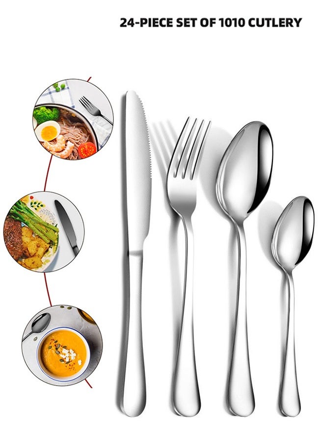 24 piece set of stainless steel tableware, complete set of silvery，knives, forks, spoons, durable kitchen utensils, dishwasher washable