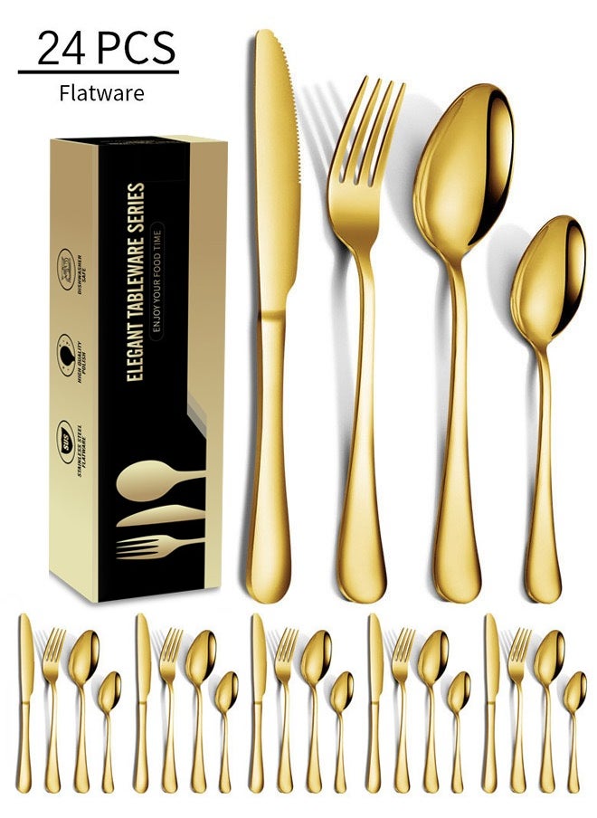 24 piece set of gold stainless steel tableware including knife, fork, spoon, coffee spoon, dishwasher safe