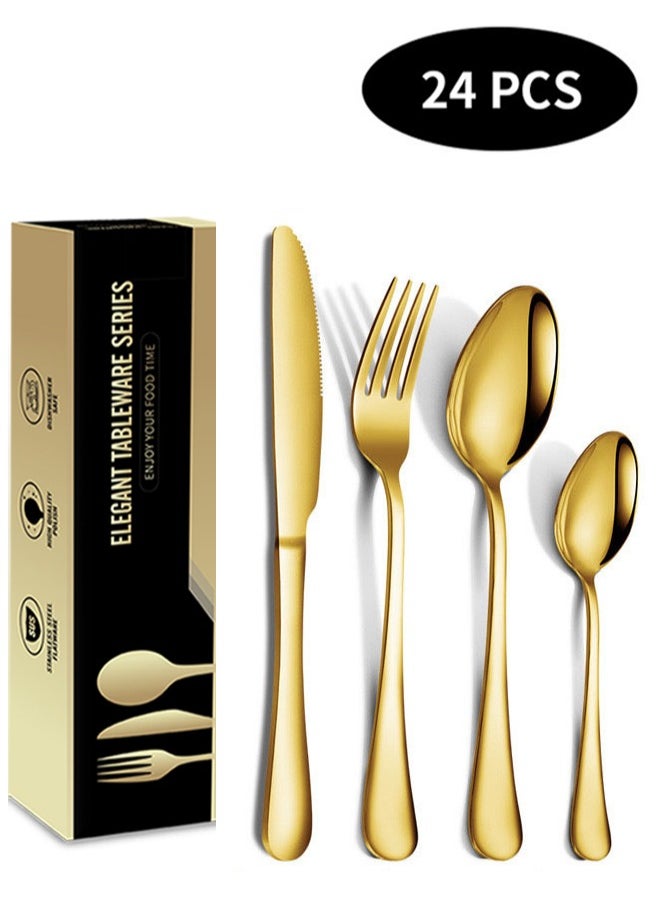 24 piece set of gold stainless steel tableware including knife, fork, spoon, coffee spoon, dishwasher safe