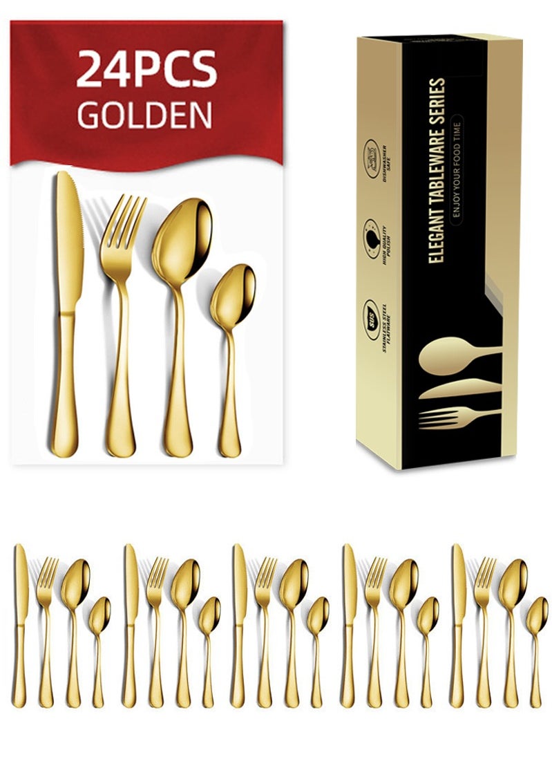 24 piece set of gold stainless steel tableware including knife, fork, spoon, coffee spoon, dishwasher safe