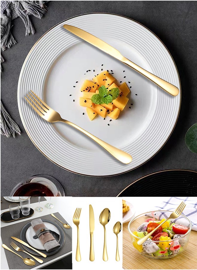 24 piece set of gold stainless steel tableware including knife, fork, spoon, coffee spoon, dishwasher safe