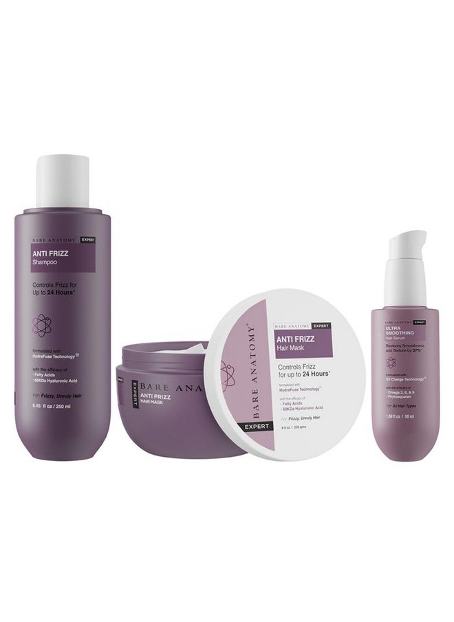 Anti Frizz Shampoo + Hair Mask + Ultra Smoothing Hair Serum Kit | Frizz Control Upto 24 Hrs | Hyaluronic Acid & Fatty Acids | Paraben & Sulphate Free | Women & Men | 250Ml + 250G + 50Ml