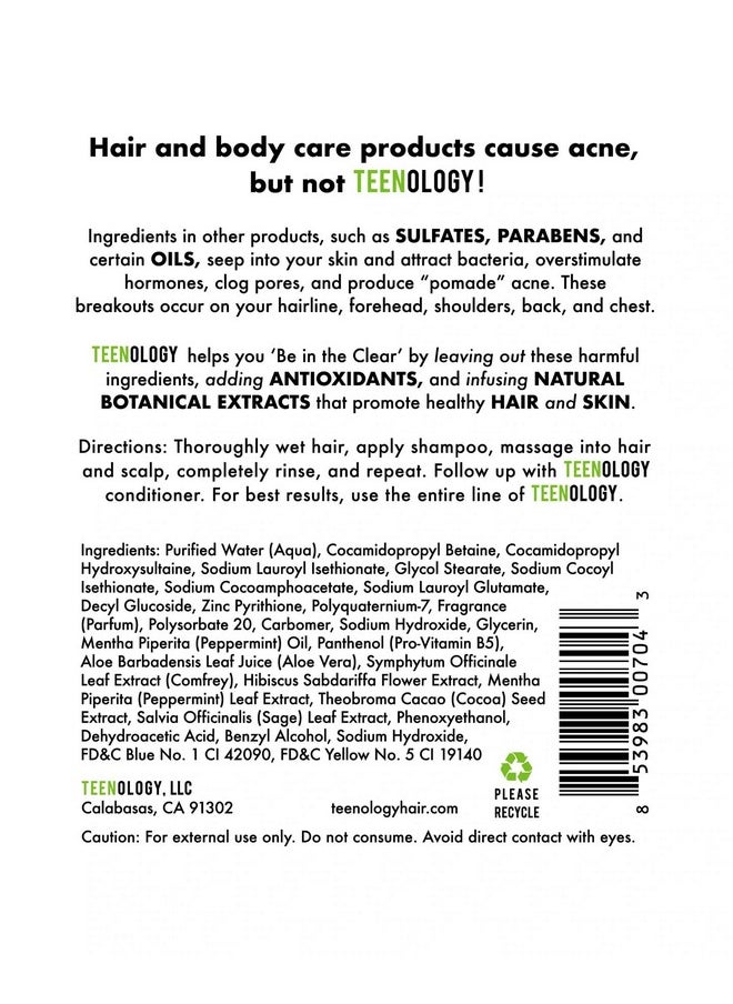 Teenology Shampoo for Teens - Avoid Forehead and Body Acne - No Sulfates or Parabens, Noncomedogenic, Natural Botanical Extracts, 16 oz. (Sweet Mint)