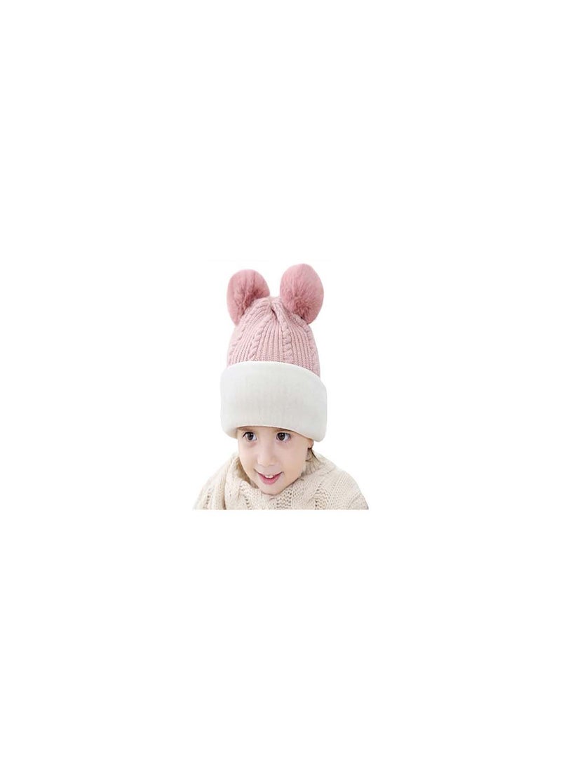 Kids Winter Hat Set, 2-Piece Fleece Lined Beanie with Double Pom Pom Ears, Cozy Cable Knit Cap for Toddlers, Perfect for Cold Weather, Ideal for Ages 1-5, Boys and Girls Winter Accessories