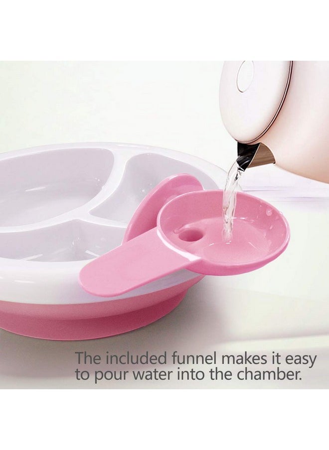 Baby Feeding Suction Warm Plate With Draining And Drying Design - Stay Put Divided Plate For Kids - Including 1 Toddler Plate And 2 Spoons - Microwave & Dishwasher Safe (Pink)