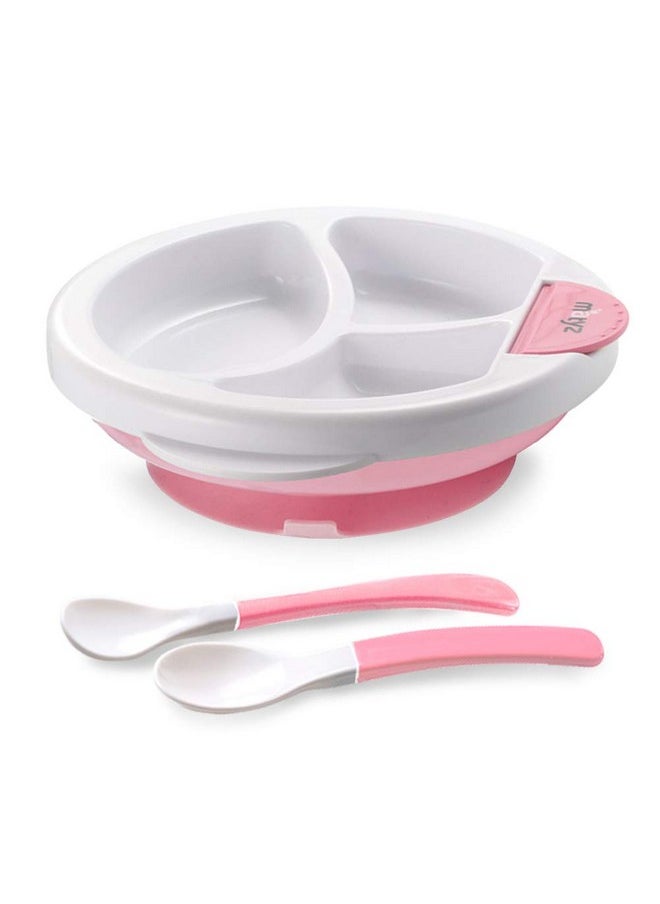 Baby Feeding Suction Warm Plate With Draining And Drying Design - Stay Put Divided Plate For Kids - Including 1 Toddler Plate And 2 Spoons - Microwave & Dishwasher Safe (Pink)