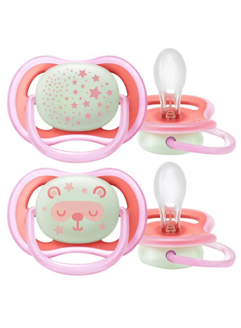 2 - Pieces Ultra Air Night Buddy Bear Soft Baby Pacifier For 6M+, Pink And White - 37622