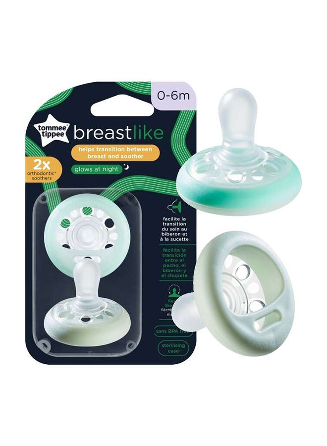 Pack Of 2 Dummies Breast-Like Soother Night Dark Glow Skin-Like Texture Symmetrical Orthodontic For 0-6 Months+ - Assorted