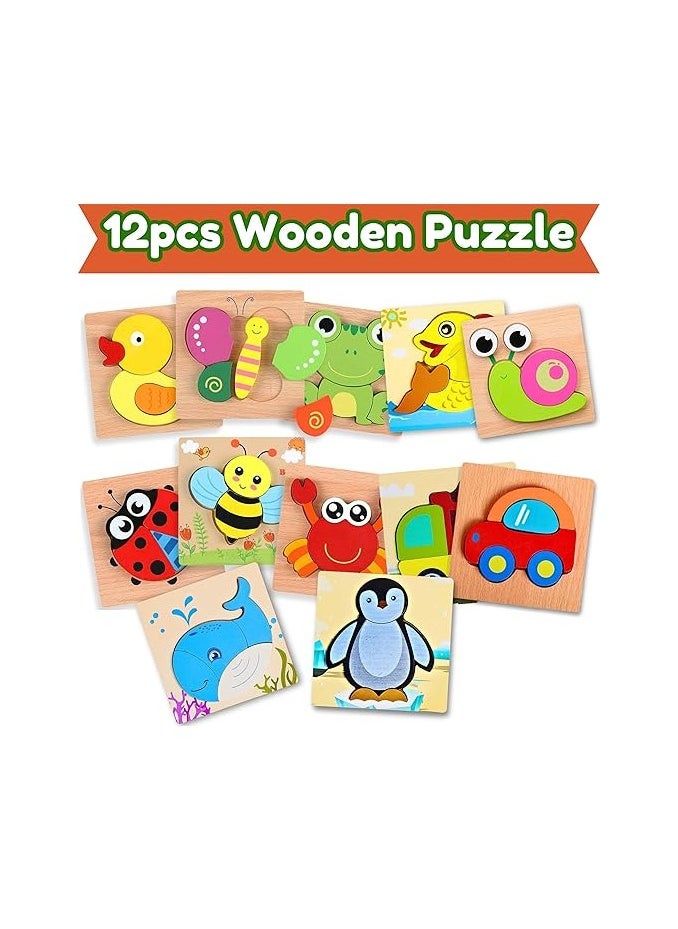 12pcs Wooden Puzzle Toy for Toddlers 1 2 3 Years, Montessori Educational Toys, Gifts for 1 Year Old Boys Girls, Preschool Learning Animal Jigsaw Puzzles, Baby Gifts 12-36, Birthday & Christmas