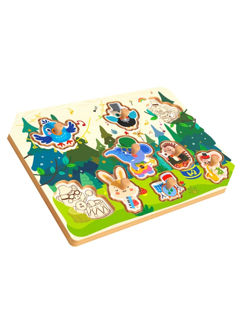 30cm Animal Concert Theme Hand Grab Jigsaw Puzzle Board 1-3 Years Old Children Wooden Peg Jigsaw Puzzle Toy With Handle, Children'S Fine Motor Skills Learning Education, Ideal Gift For 1 - 2 - 3 Years Old Boys And Girls