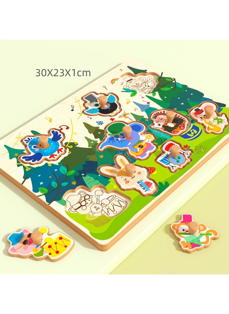 30cm Animal Concert Theme Hand Grab Jigsaw Puzzle Board 1-3 Years Old Children Wooden Peg Jigsaw Puzzle Toy With Handle, Children'S Fine Motor Skills Learning Education, Ideal Gift For 1 - 2 - 3 Years Old Boys And Girls