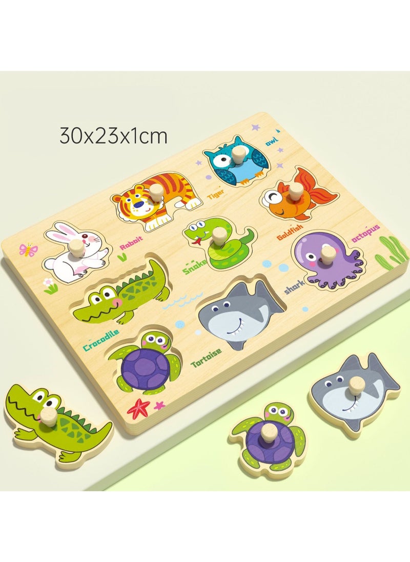 30cm Animal Hand Grab Jigsaw Puzzle Board Type A 1-3 Years Old Children Wooden Peg Jigsaw Puzzle Toy With Handle, Children'S Fine Motor Skills Learning Educational Montessori Jigsaw Puzzle, Ideal Gift For 1 - 2 - 3 Years Old Boys And Girls