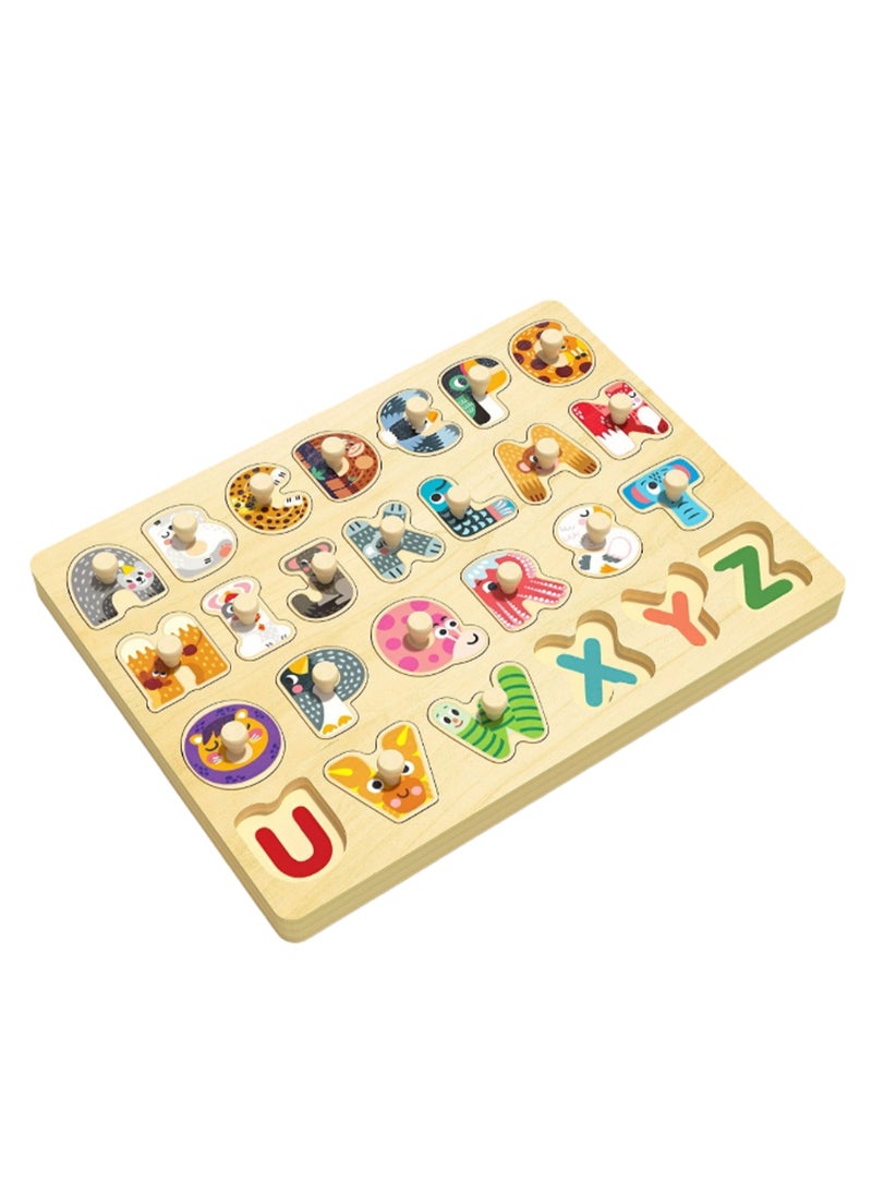 30cm Alphabet Hand Gripping Jigsaw Puzzle Board 1-3 Years Old Children Wooden Peg Jigsaw Puzzle Toy With Handle, Children'S Fine Motor Skills Learning Educational Montessori Jigsaw Puzzle, Ideal Gift For 1 - 2 - 3 Years Old Boys And Girls