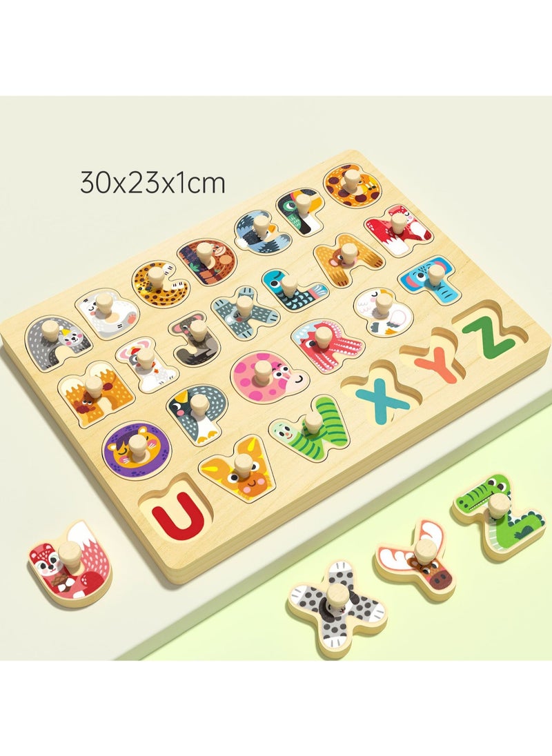 30cm Alphabet Hand Gripping Jigsaw Puzzle Board 1-3 Years Old Children Wooden Peg Jigsaw Puzzle Toy With Handle, Children'S Fine Motor Skills Learning Educational Montessori Jigsaw Puzzle, Ideal Gift For 1 - 2 - 3 Years Old Boys And Girls