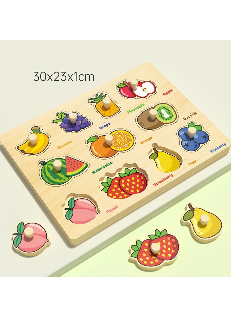 30cm Fruit Hand Grab Jigsaw Puzzle Board 1-3 Years Old Children Wooden Peg Jigsaw Puzzle Toy With Handle, Children'S Fine Motor Skills Learning Educational Montessori Jigsaw Puzzle, Ideal Gift For 1 - 2 - 3 Years Old Boys And Girls