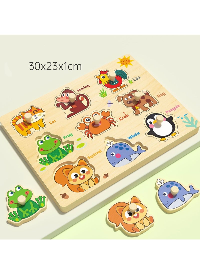 30cm Animal Hand Grab Jigsaw Puzzle Board C 1-3 Years Old Children Wooden Peg Jigsaw Puzzle Toy With Handle, Children'S Fine Motor Skills Learning Educational Montessori Jigsaw Puzzle, Ideal Gift For 1 - 2 - 3 Years Old Boys And Girls