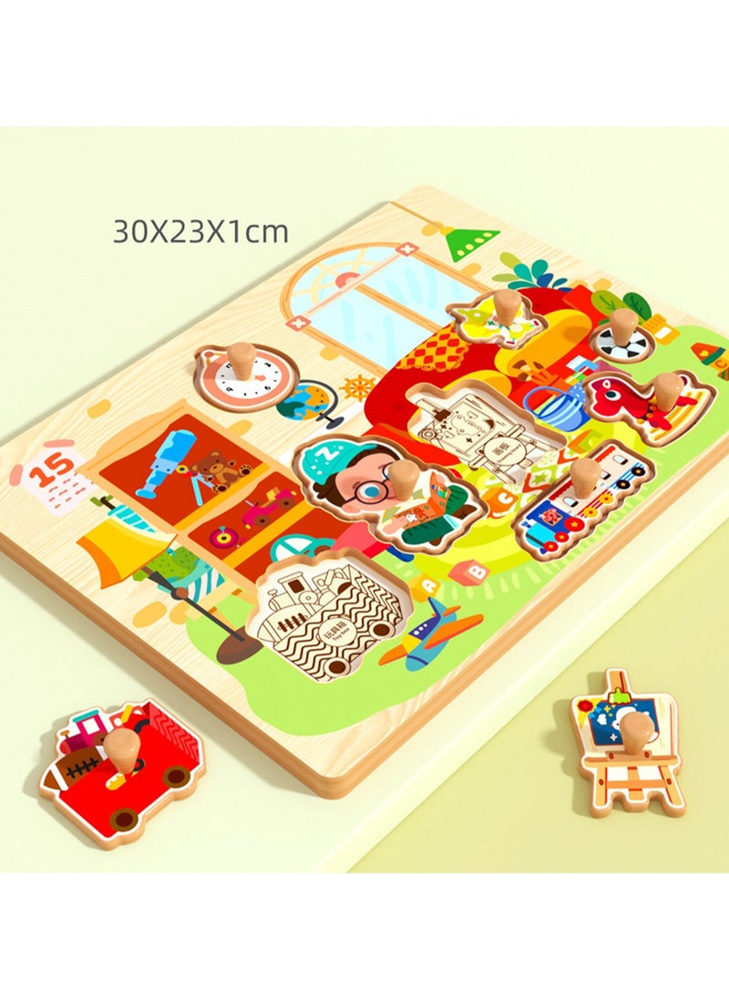 30cm Boys Theme Hand Grab Jigsaw Puzzle Board 1-3 Years Old Children Wooden Peg Jigsaw Puzzle Toy With Handle, Children'S Fine Motor Skills Learning Education, Ideal Gift For 1 - 2 - 3 Years Old Boys And Girls