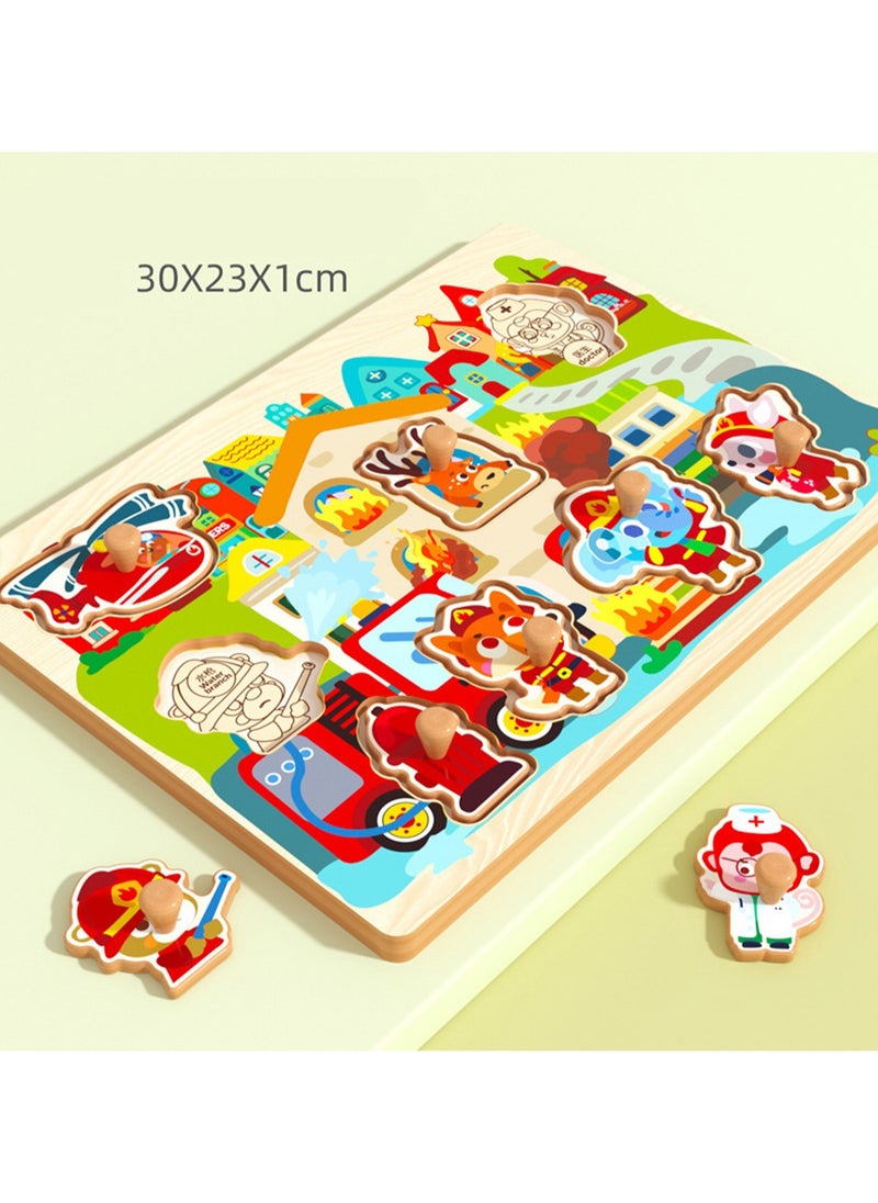 30cm Animal Fire Theme Hand Grab Jigsaw Puzzle Board 1-3 Years Old Children Wooden Peg Jigsaw Puzzle Toy With Handle, Children'S Fine Motor Skills Learning Education, Ideal Gift For 1 - 2 - 3 Years Old Boys And Girls