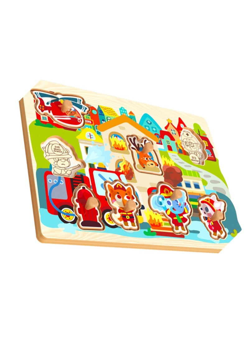 30cm Animal Fire Theme Hand Grab Jigsaw Puzzle Board 1-3 Years Old Children Wooden Peg Jigsaw Puzzle Toy With Handle, Children'S Fine Motor Skills Learning Education, Ideal Gift For 1 - 2 - 3 Years Old Boys And Girls