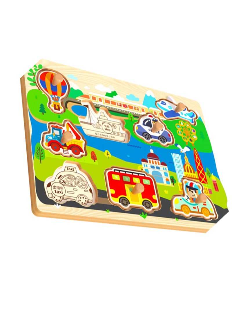 30cm Transportation Theme Hand-Grab Jigsaw Puzzle Board 1-3 Years Old Children Wooden Peg Jigsaw Puzzle Toy With Handle, Children'S Fine Motor Skills Learning Education, Ideal Gift For 1 - 2 - 3 Years Old Boys And Girls