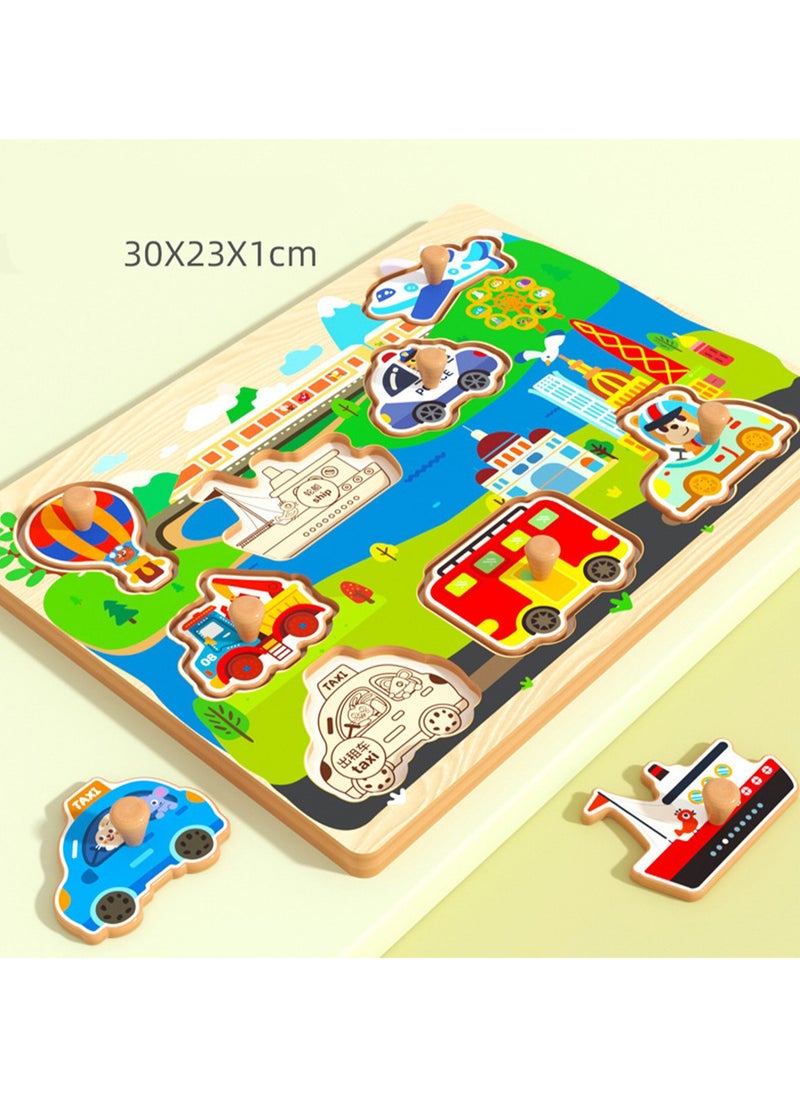 30cm Transportation Theme Hand-Grab Jigsaw Puzzle Board 1-3 Years Old Children Wooden Peg Jigsaw Puzzle Toy With Handle, Children'S Fine Motor Skills Learning Education, Ideal Gift For 1 - 2 - 3 Years Old Boys And Girls