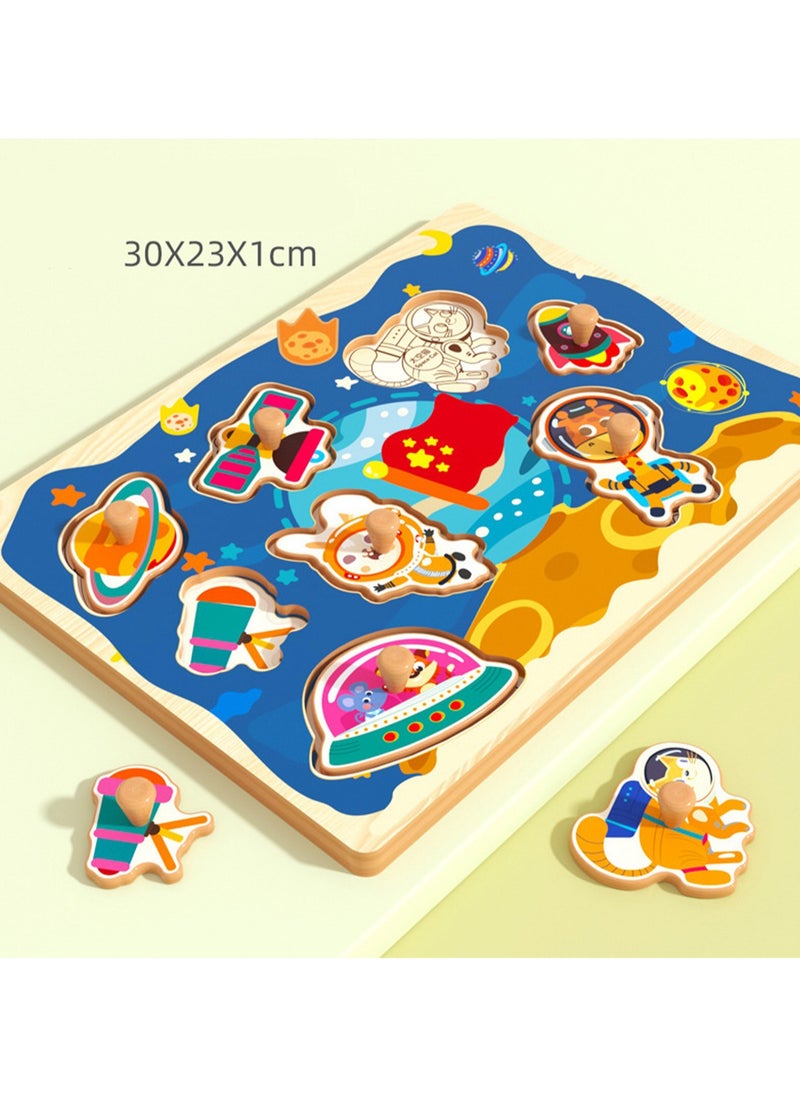30cm Space Theme Hand Grab Jigsaw Puzzle Board 1-3 Years Old Children Wooden Peg Jigsaw Puzzle Toy With Handle, Children'S Fine Motor Skills Learning Education, Ideal Gift For 1 - 2 - 3 Years Old Boys And Girls