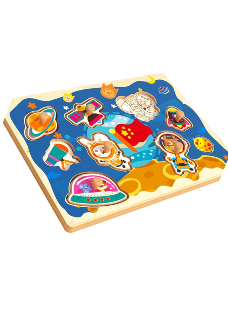 30cm Space Theme Hand Grab Jigsaw Puzzle Board 1-3 Years Old Children Wooden Peg Jigsaw Puzzle Toy With Handle, Children'S Fine Motor Skills Learning Education, Ideal Gift For 1 - 2 - 3 Years Old Boys And Girls