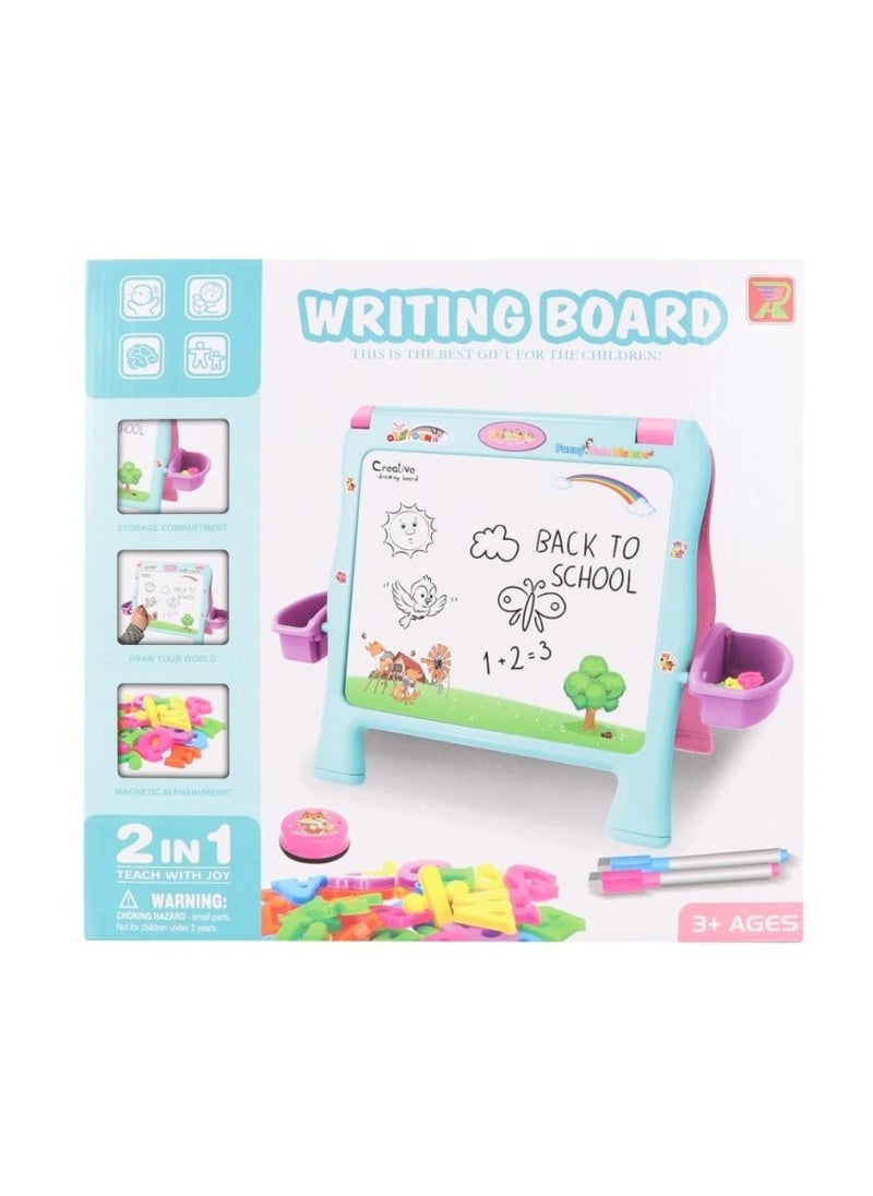 2-in-1 Writing Board with Magnetic Letters and Storage Compartments.