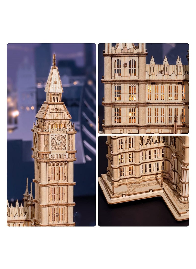 3D Wooden Puzzles Big Ben for Adults & Kids -220 Pieces 3D Puzzle London Architecture Model Kits with LED Desk Decor Gift for Teens/Adults