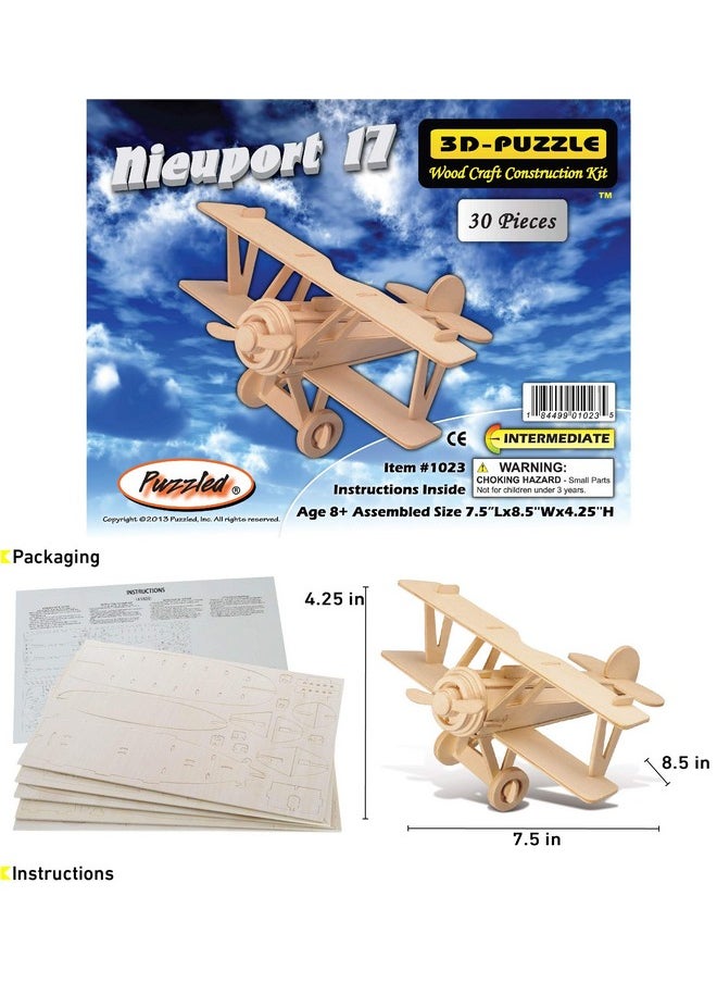 3D Puzzle Nieuport 17 Airplane - Wood Craft Construction Model Kit Aircraft, Fun Educational Diy Wooden Toy Assemble Model Unfinished Craft Hobby To Build & Paint For Decoration - 30Pc Pack