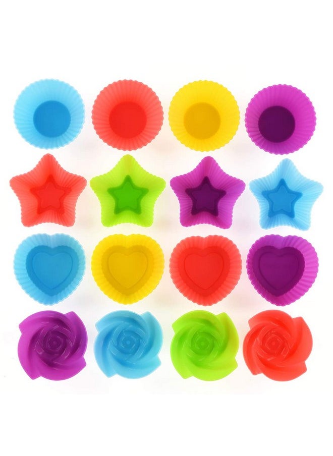 Reusable And Non-Stick Silicone Baking Cups/Muffin Cup Molds In Storage Container-24 Pack-6 Vibrant Colors-4 Shapes(Flower,Star,Heart,Round)