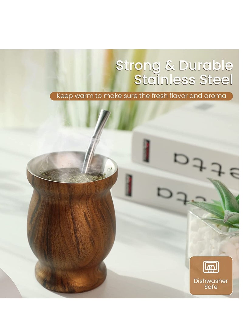 Stainless Steel Double Wall Yerba Mate Tea Cup with Bombilla Straw 230ml Insulated Easy Wash Wood Grain Finish