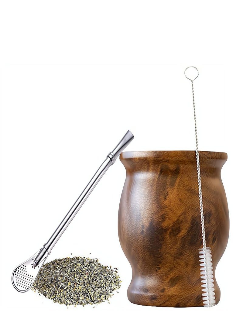 Stainless Steel Double Wall Yerba Mate Tea Cup with Bombilla Straw 230ml Insulated Easy Wash Wood Grain Finish