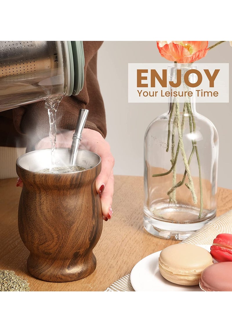 Stainless Steel Double Wall Yerba Mate Tea Cup with Bombilla Straw 230ml Insulated Easy Wash Wood Grain Finish