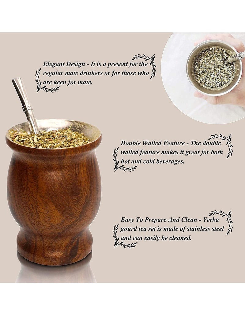 Stainless Steel Double Wall Yerba Mate Tea Cup with Bombilla Straw 230ml Insulated Easy Wash Wood Grain Finish