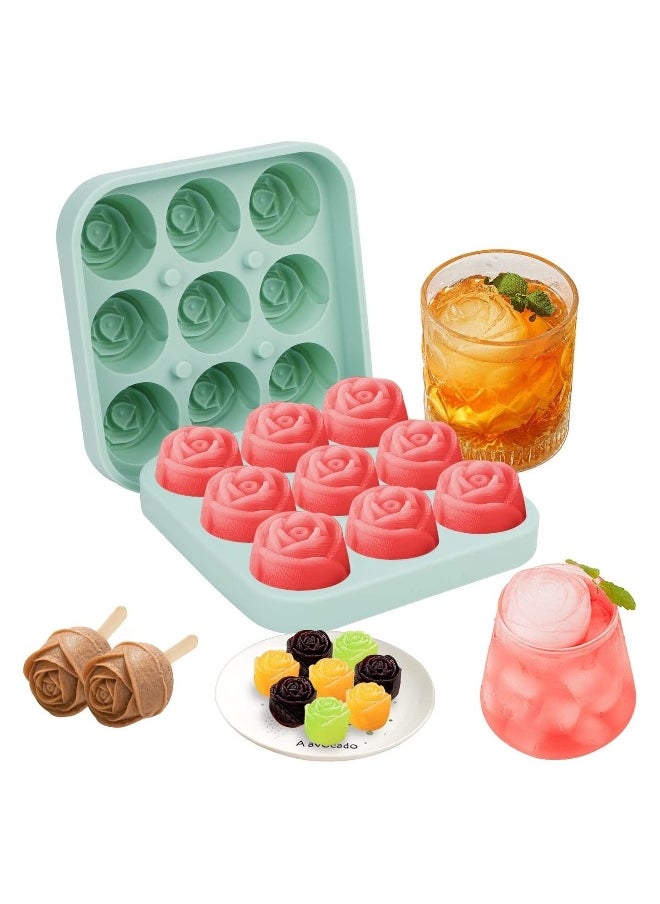 9 Hole Silicone Rose Ice Cube Mold, Ice Ball Maker with Lid, Silicone Sphere Ice Cube Tray Sphere Ice Cube Mold Silicone Ice Ball Maker Ice Cube Container for Cooling Whiskey c o c ktail Juice, Green