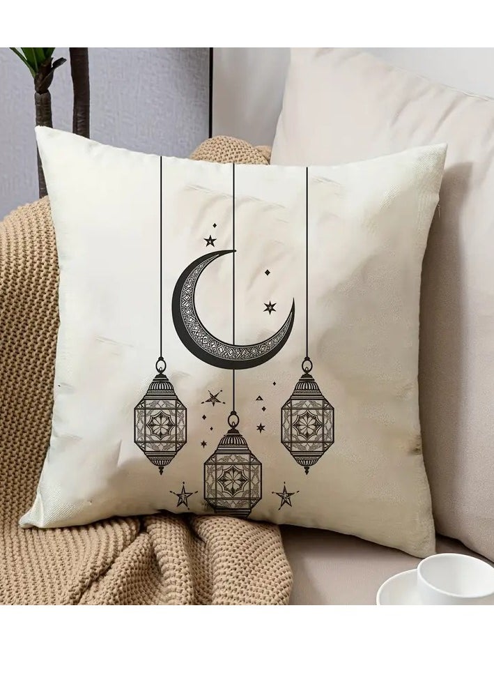 1pc Eid Moon Stars and Lights 2d Print Pillowcase 45.72 x 45.72 cm Short Plush Polyester Material Washable with Zipper Pillowcase Decoration Bedroom Living Room Home Decoration Holiday Atmosphere Beautification Decoration Pillowcase Without Pillow Core