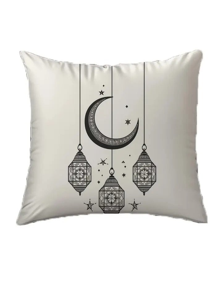 1pc Eid Moon Stars and Lights 2d Print Pillowcase 45.72 x 45.72 cm Short Plush Polyester Material Washable with Zipper Pillowcase Decoration Bedroom Living Room Home Decoration Holiday Atmosphere Beautification Decoration Pillowcase Without Pillow Core